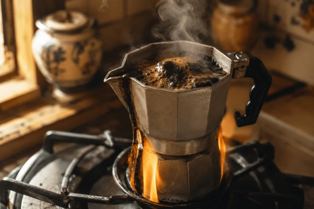 Caffè della moka che sa di bruciato: fumo bianco e schiuma scura sul bricco