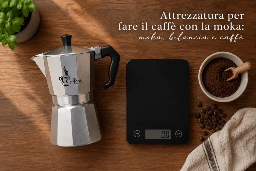 Attrezzatura per fare il caffè con la moka: moka, bilancia e caffè