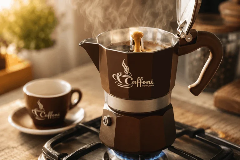 Caffè con la moka in preparazione su fiamma dolce