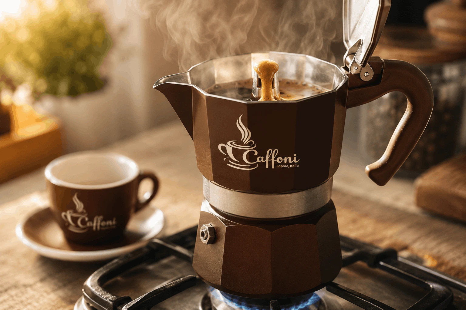Caffè con la moka in preparazione su fiamma dolce