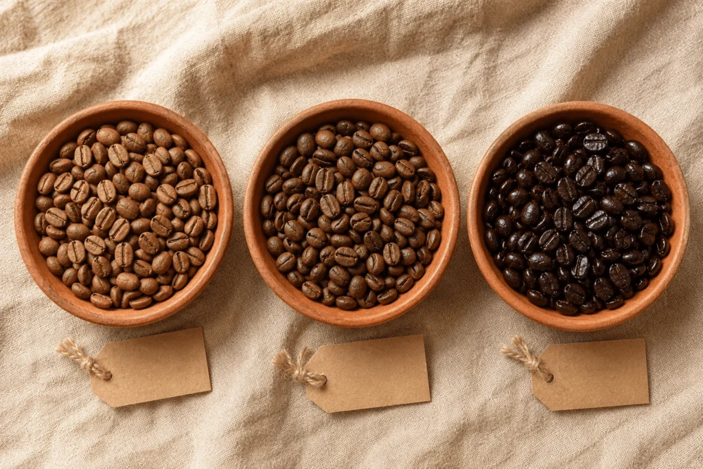 Confronto tra chicchi di caffè a tostatura chiara, media e scura