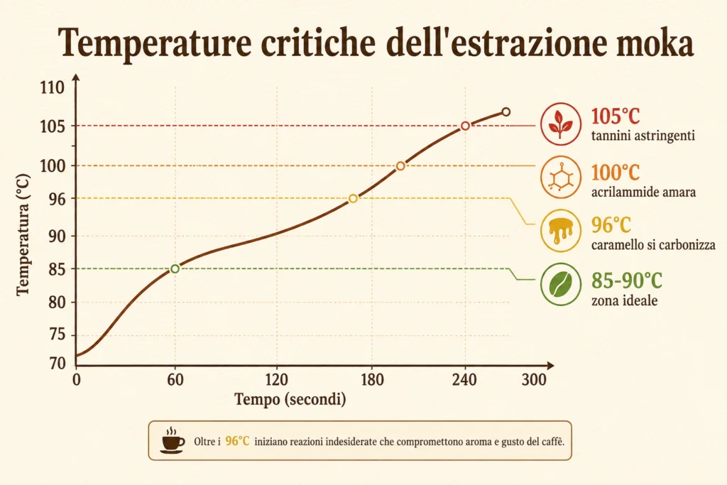 ALT TEXT: Grafico delle temperature critiche nell'estrazione della moka: sopra