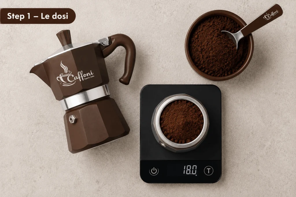 Dose di caffè pesata sulla bilancia per la moka
