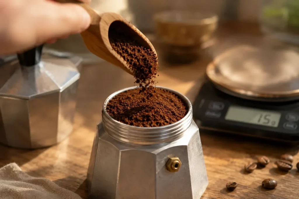 Filtro della moka riempito raso senza pressare il caffè macinato