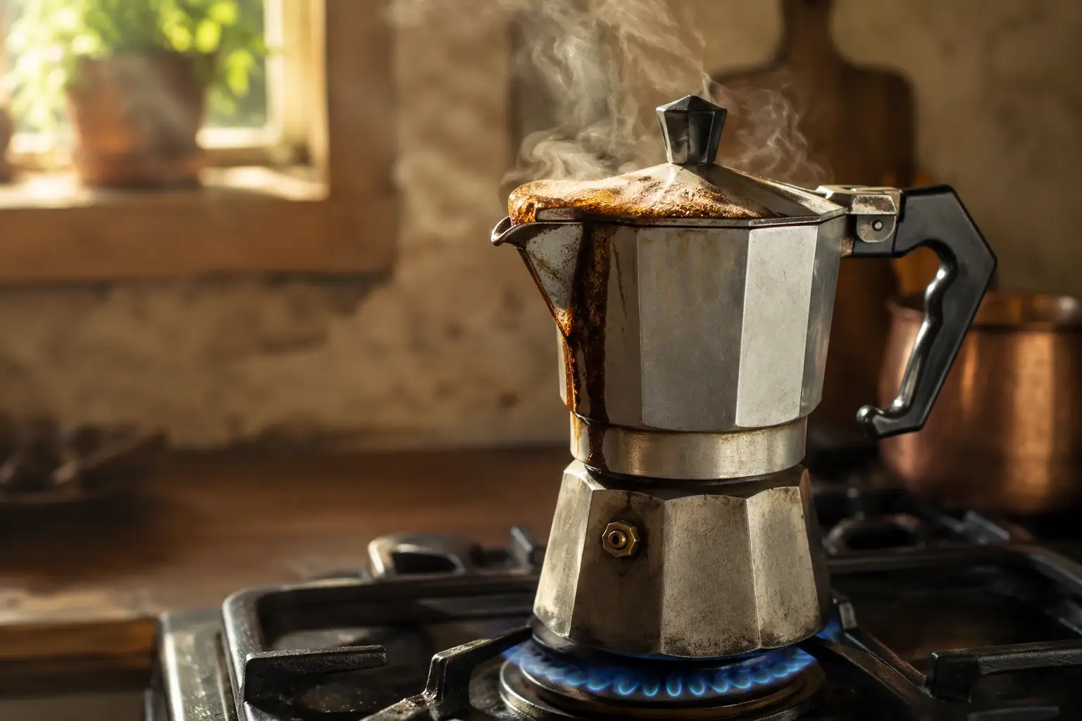 Errori con la moka: caffè bruciato che fuoriesce da una moka su fiamma alta