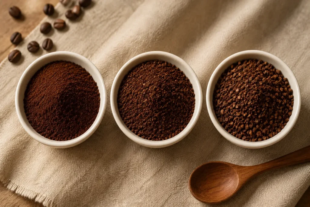 Comparison of three coffee grinds: fine, medium for mocha, coarse