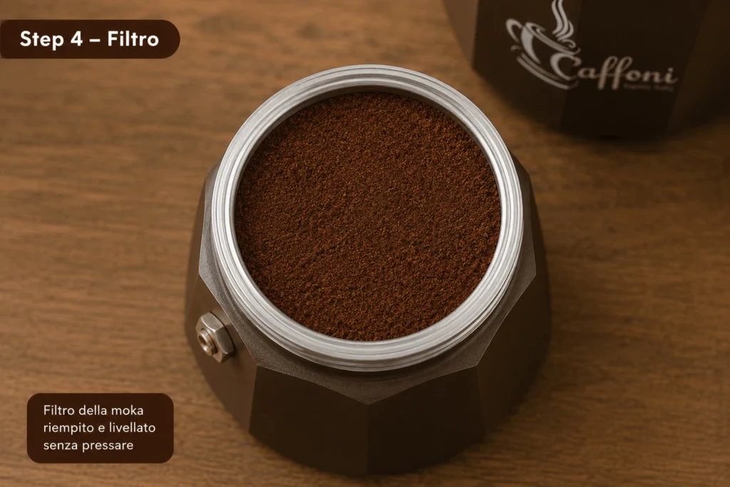 Filtro della moka riempito e livellato senza pressare