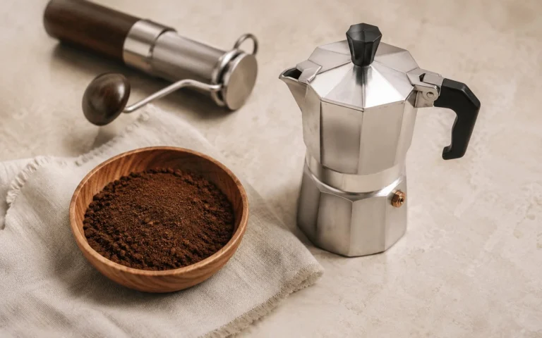 Caffè macinato con la giusta consistenza per la moka accanto a una moka classica