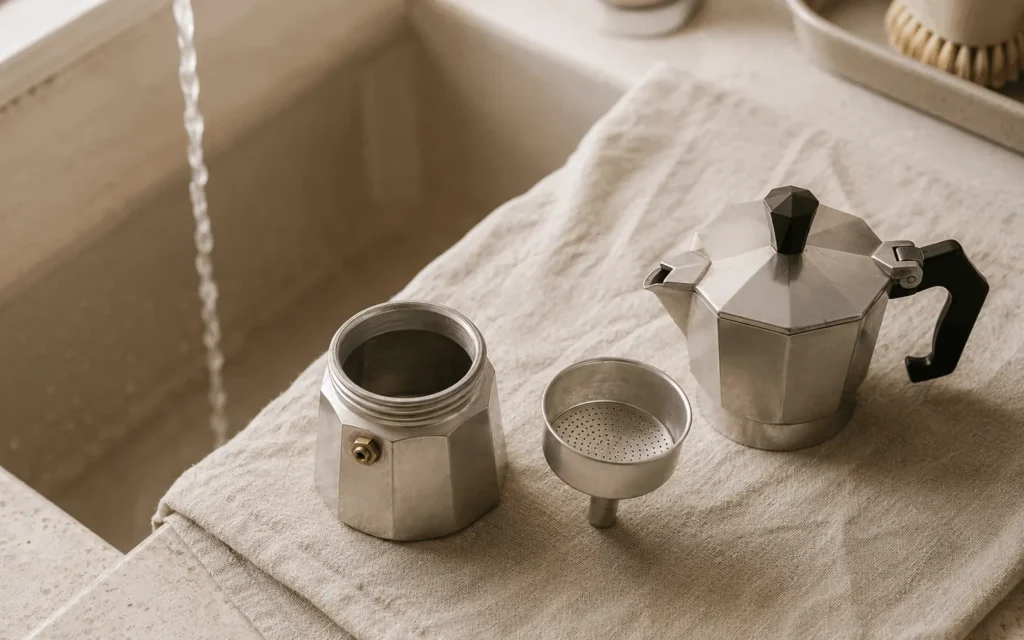 Moka italiana smontata pronta per il lavaggio a mano con acqua calda