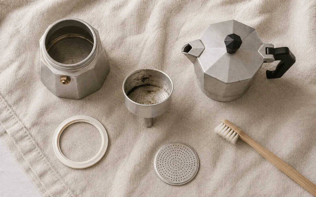 Le parti della moka smontate su un panno da cucina beige, pronte per il lavaggio