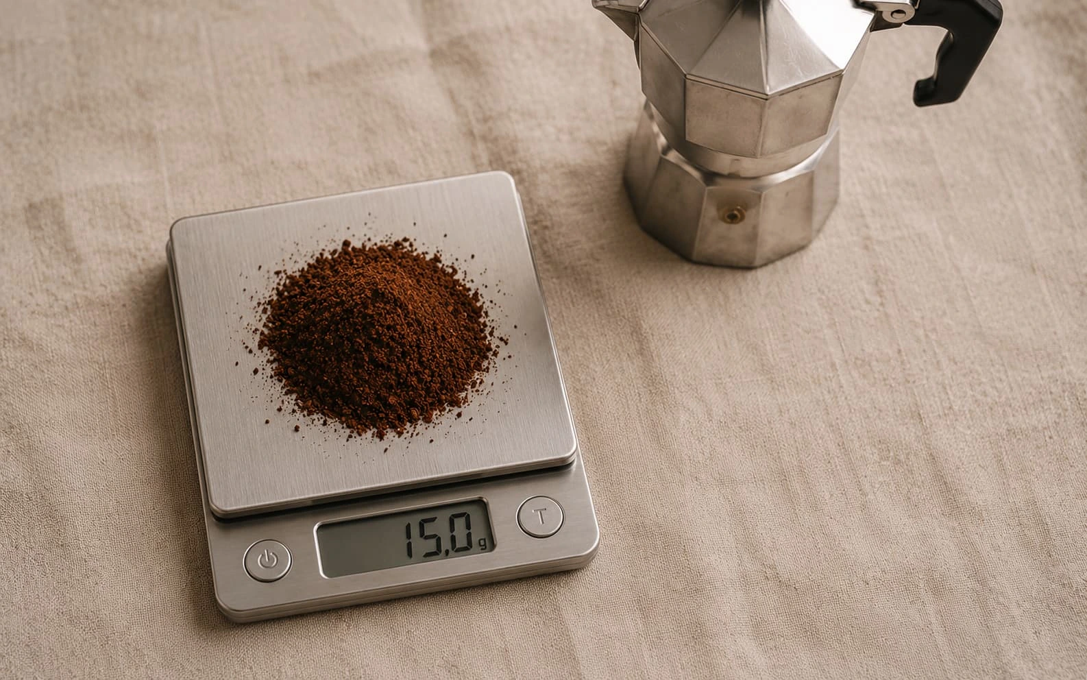Caffè macinato pesato su una bilancia digitale accanto a una moka italiana