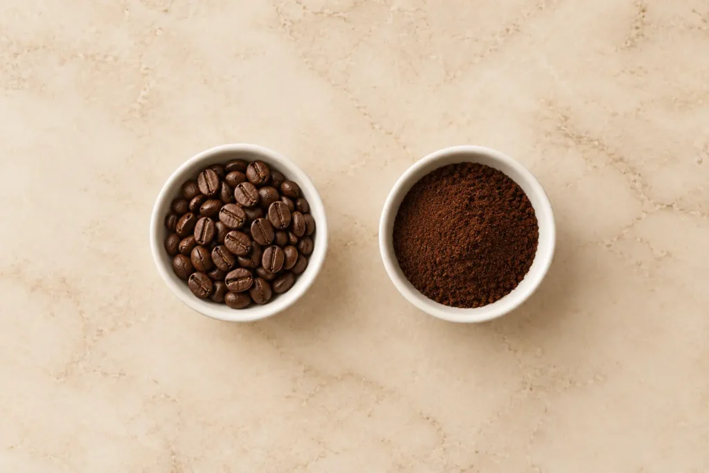 Caffè in chicchi e caffè già macinato a confronto su un piano di marmo