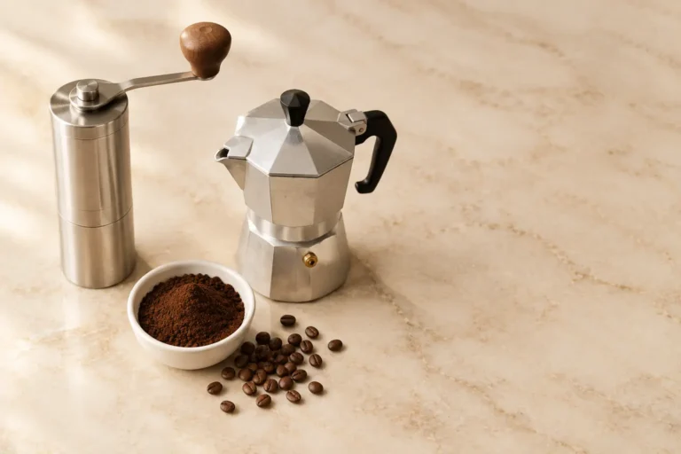 Macinacaffè manuale in acciaio accanto a una moka e a caffè appena macinato